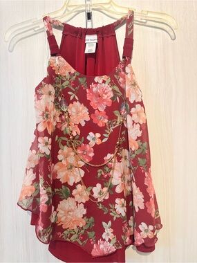 Floral Sleeveless Chiffon Layered Tank - Wine Pink Peach